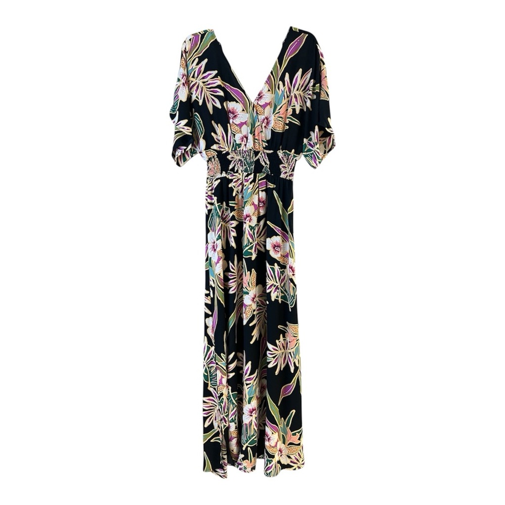 Oddi Black Tropical Floral Maxi Dress with tie back and side slits
